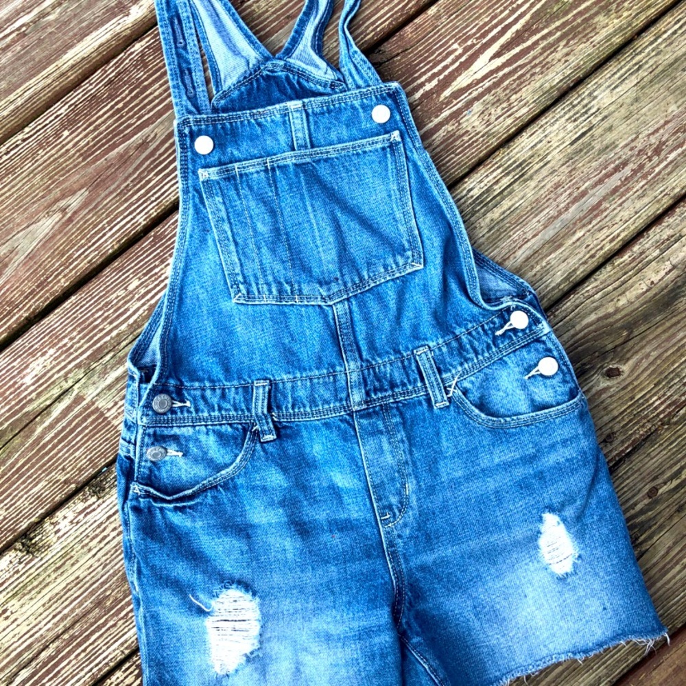 Girl size 16 distressed short overalls
